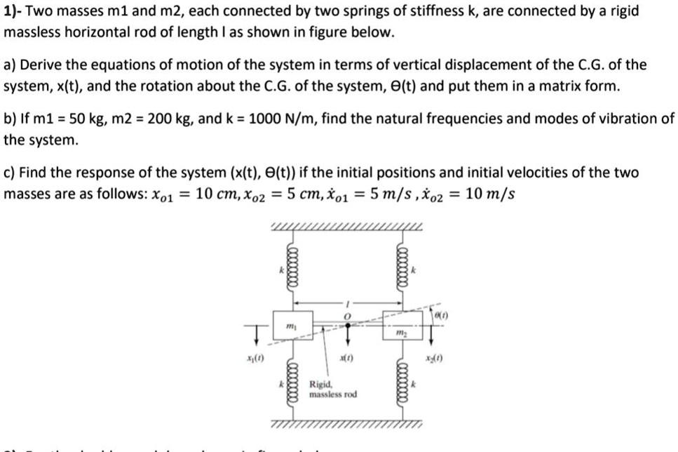 1)- Two masses m1 and m2, each connected by two springs of stiffness k ...