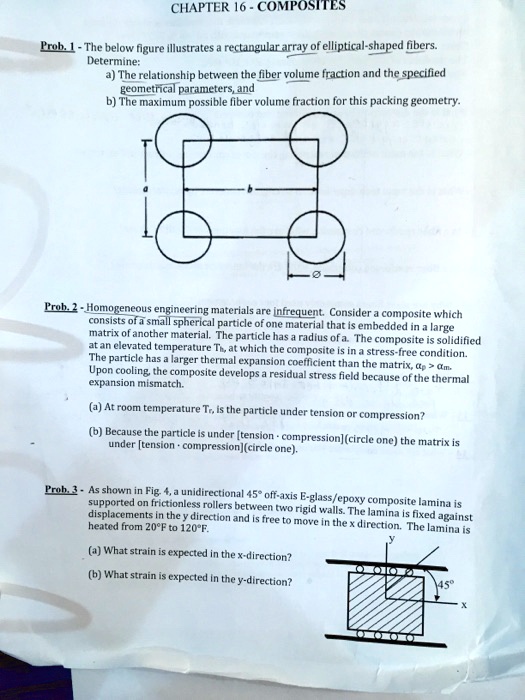 CHAPTER 16 - COMPOSITES
Prob. 1 - The below figure illustrates a rectangular array of elliptical-shaped fibers.
Determine:
a) The relationship between the fiber volume fraction and the specified
geometrical parameters, and
b) The maximum possible fiber volume fraction for this packing geometry.
Prob. 2 - Homogeneous engineering materials are infrequent. Consider a composite which
consists of a small spherical particle of one material that is embedded in a large
matrix of another material. The particle has a radius of a. The composite is solidified
at an elevated temperature Th, at which the composite is in a stress-free condition.
The particle has a larger thermal expansion coefficient than the matrix, ?p > ?m.
Upon cooling, the composite develops a residual stress field because of the thermal
expansion mismatch.
(a) At room temperature Tr, is the particle under tension or compression?
(b) Because the particle is under [tension · compression] (circle one) the matrix is
under [tension · compression] (circle one).
Prob. 3 - As shown in Fig. 4, a unidirectional 45° off-axis E-glass/epoxy composite lamina is
supported on frictionless rollers between two rigid walls. The lamina is fixed against
displacements in the y direction and is free to move in the x direction. The lamina is
heated from 20°F to 120°F.
(a) What strain is expected in the x-direction?
(b) What strain is expected in the y-direction?