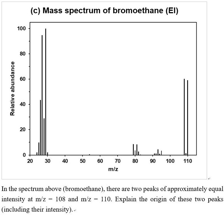 SOLVED (c) Mass spectrum of bromoethane (EI) 100 80 60 40 20 20 30 40 50 60 70 mlz 80 90 100