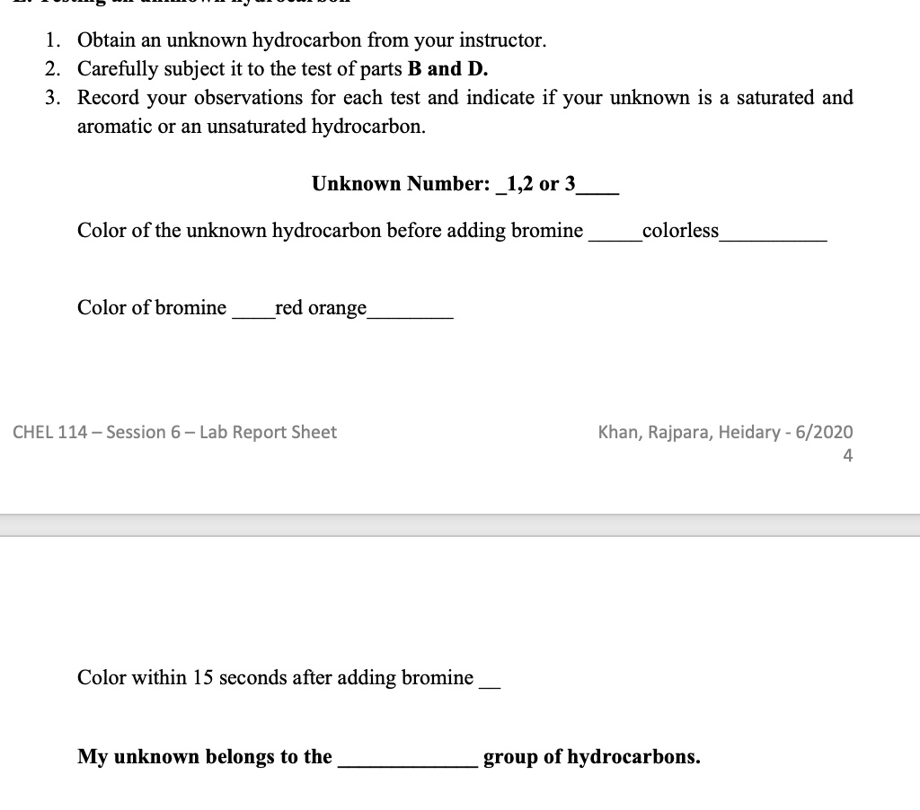 SOLVED Obtain an unknown hydrocarbon from your instructor. Carefully