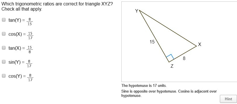 SOLVED: 'Which trigonometric ratios are correct for triangle XYZ? Check ...