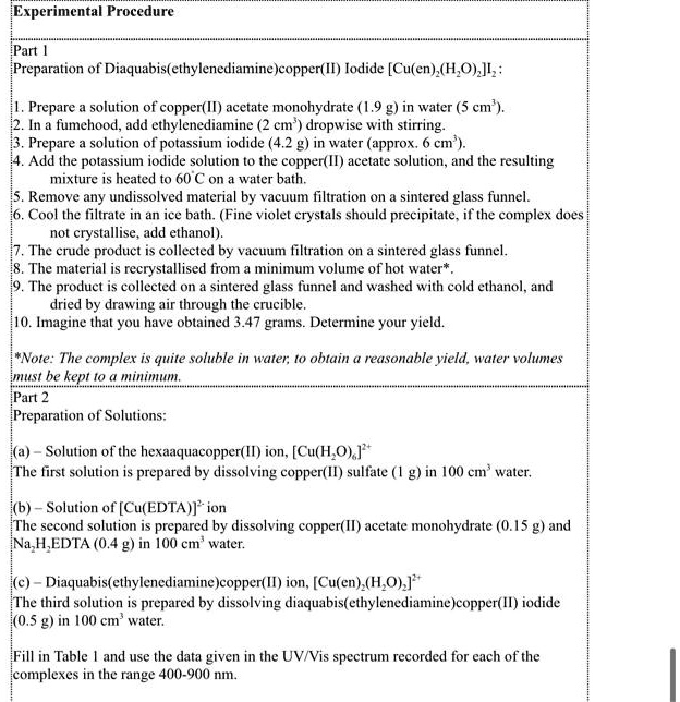 SOLVED Experimental Procedure Part 1 Preparation of Diaquabis