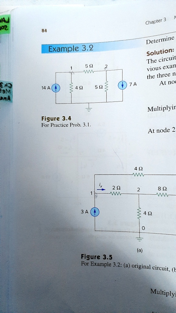 Example 3.2

[Figure 3.4: Circuit — Node 1 — 5 ? — Node 2. Left current source 14 A (up). Right current source 7 A (down). Between top node and ground: left branch 4 ?, right branch 5 ?. Ground at center bottom.]

Figure 3.4
For Practice Prob. 3.1.

Figure 3.5
For Example 3.2: (a) original circuit, (b ...)