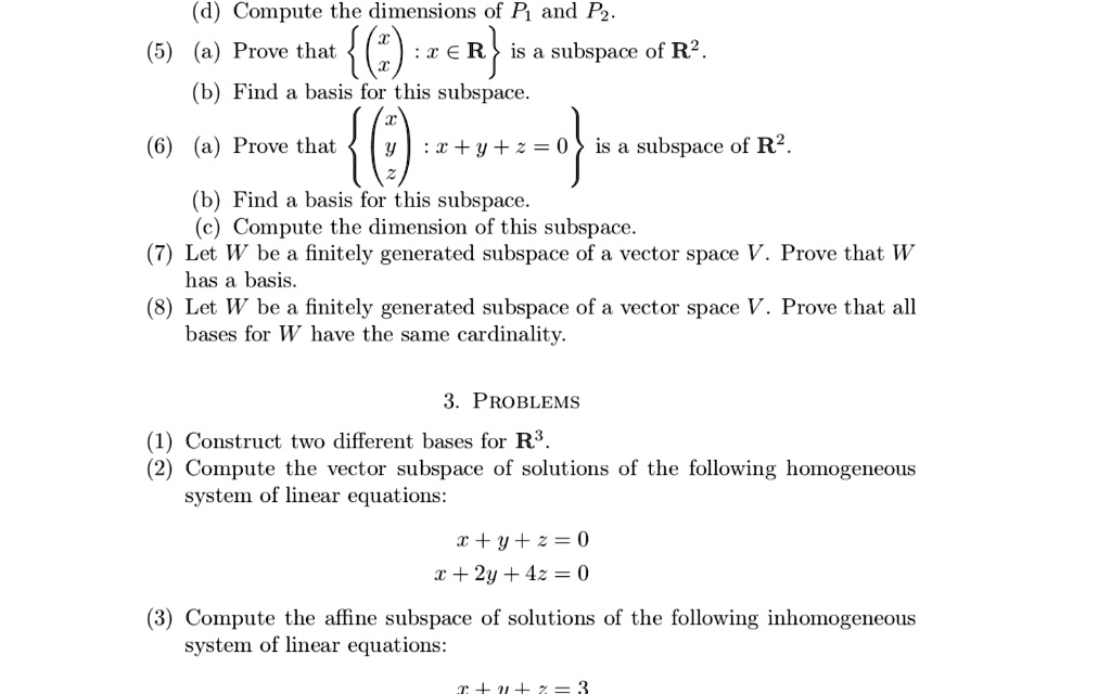 SOLVED: Compute the dimensions of Pi and Pz Prove that eR subspace of R ...