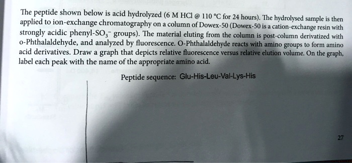The peptide shown below is acid hydrolyzed (6 M HCl @ 110 °C for 24 hours). The hydrolysed sample is then applied to ion-exchange chromatography on a column of Dowex-50 (Dowex-50 is a cation-exchange resin with strongly acidic phenyl-SO3- groups). The material eluting from the column is post-column derivatized with o-Phthalaldehyde, and analyzed by fluorescence. O-Phthalaldehyde reacts with amino groups to form amino acid derivatives. Draw a graph that depicts relative fluorescence versus relative elution volume. On the graph, label each peak with the name of the appropriate amino acid.
Peptide sequence: Glu-His-Leu-Val-Lys-His