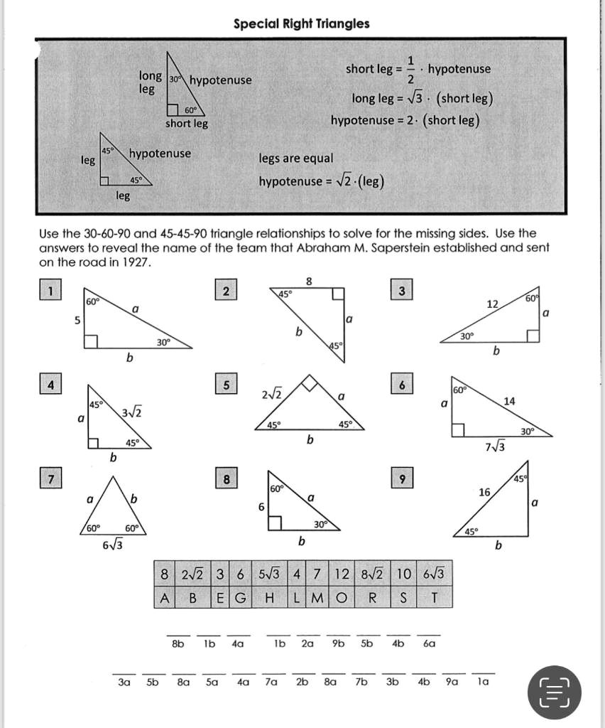 SOLVED: Special Right Triangles long leg = âˆš3 * short leg hypotenuse ...