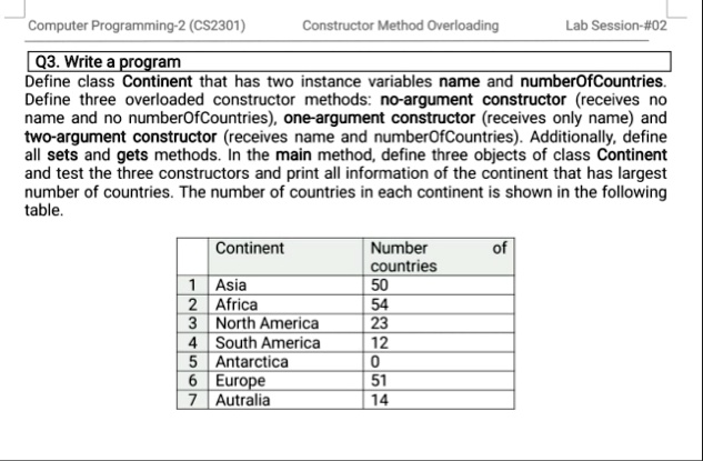 computer programming 2 cs2301 constructor method overloading lab session 02 q3 write a program define class continent that has two instance variables name and numberofcountries define three  82328