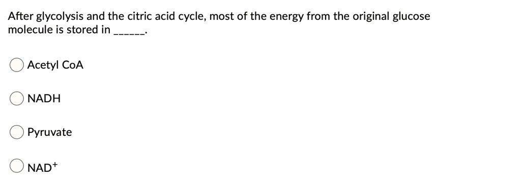After glycolysis and the citric acid cycle, most of the energy from the original glucose molecule is stored in .

Acetyl CoA
NADH
Pyruvate
NAD+