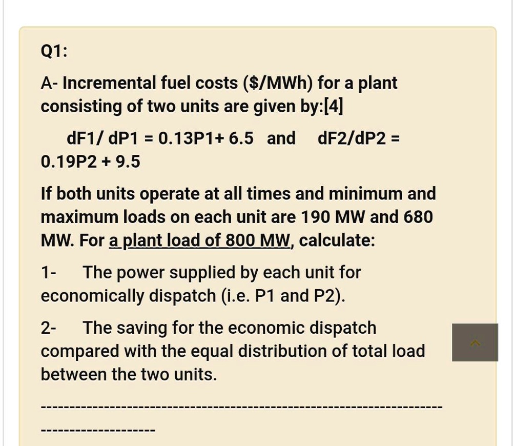 SOLVED A Incremental fuel costs (/MWh) for a plant consisting of two