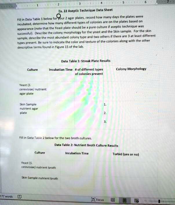 SOLVED Ex. 22 Aseptic Technique Data Sheet Table below for yeast agar