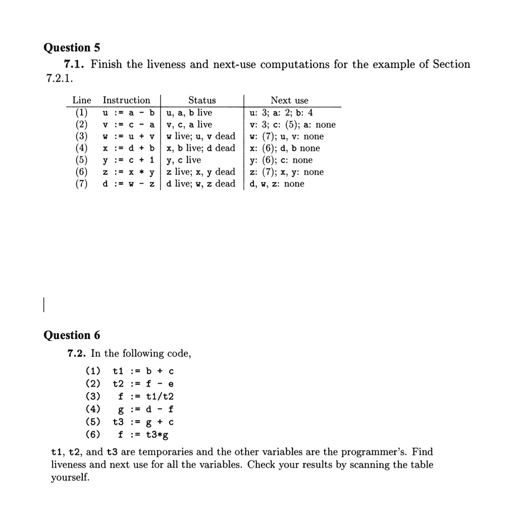 question 5 71 finish the liveness and next use computations for the example of section 721 line instruction status next use 1 u a b u a b live u 3 a 2 b 4 2 v c a v c a live v 3 c 5 a none 3 17562