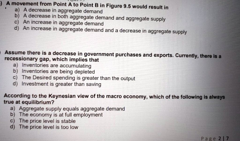 solved question 33 (1 point) a decrease in aggregate... SOLVED: A movement from Point A to Point B in Figure 9.5 would result ...