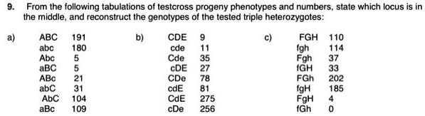 9. From the following tabulations of testcross progeny phenotypes and numbers, state which locus is in
the middle, and reconstruct the genotypes of the tested triple heterozygotes:
a)
ABC 191
abc 180
Abc 5
aBC 5
ABc 21
abC 31
AbC 104
aBc 109
b)
CDE 9
cde 11
Cde 35
cDE 27
CDe 78
cdE 81
CdE 275
cDe 256
c)
FGH 110
fgh 114
Fgh 37
fGH 33
FGh 202
fgH 185
FgH 4
fGh 0