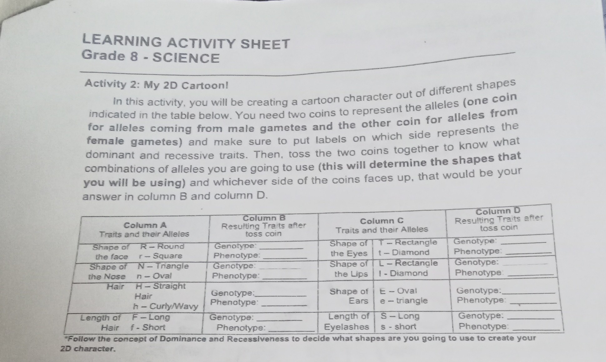 LEARNING ACTIVITY SHEET Grade 8 SCIENCE Activity 2 My 2D Cartoon! In