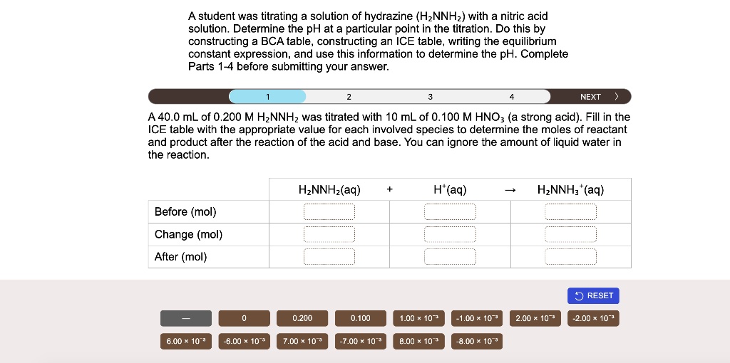SOLVED: A student was titrating a solution of hydrazine (H,NNH,) with a