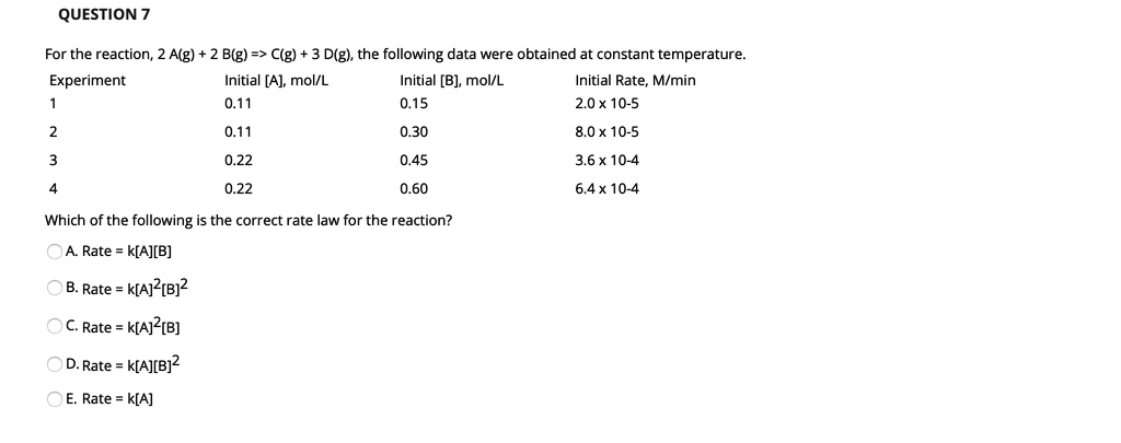 For the reaction, 2 A(g) + 2 B(g) => C(g) + 3 D(g), the following data were obtained at constant temperature.
Experiment Initial [A], mol/L Initial [B], mol/L Initial Rate, M/min
1 0.11 0.15 2.0 x 10-5
2 0.11 0.30 8.0 x 10-5
3 0.22 0.45 3.6 x 10-4
4 0.22 0.60 6.4 x 10-4
Which of the following is the correct rate law for the reaction?
A. Rate = k[A][B]
B. Rate = k[A]^2[B]^2
C. Rate = k[A]^2[B]
D. Rate = k[A][B]^2
E. Rate = k[A]