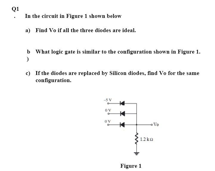 SOLVED Q1. In the circuit in Figure 1 shown below a) Find Vo if all the three diodes are ideal