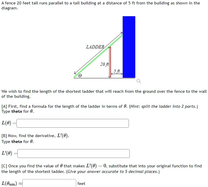5ft Distance Example SOLVED: A fence 20 feet tall runs parallel to a tall building at a ...