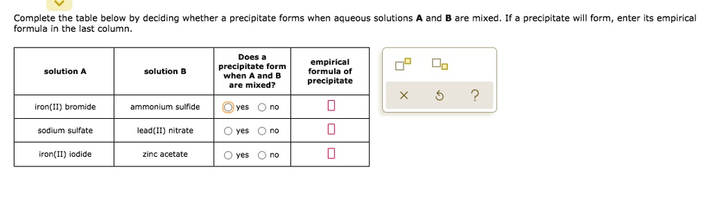 Complete the table below by deciding whether a precipitate forms when aqueous solutions A and B are mixed. If a precipitate will form, enter its empirical formula in the last column.

| solution A | solution B | Does a precipitate form when A and B are mixed? | empirical formula of precipitate |
| :— | :— | :— | :— |
| iron(II) bromide | ammonium sulfide | yes no | |
| sodium sulfate | lead(II) nitrate | yes no | |
| iron(II) iodide | zinc acetate | yes no | |