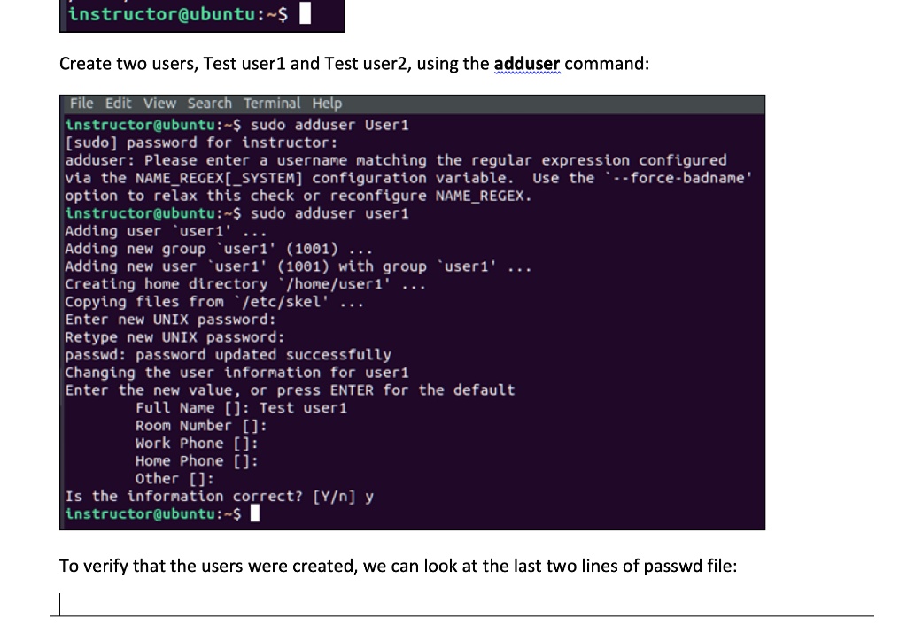 VIDEO solution: instructor@dubuntu: Create two users, Test user1 and ...