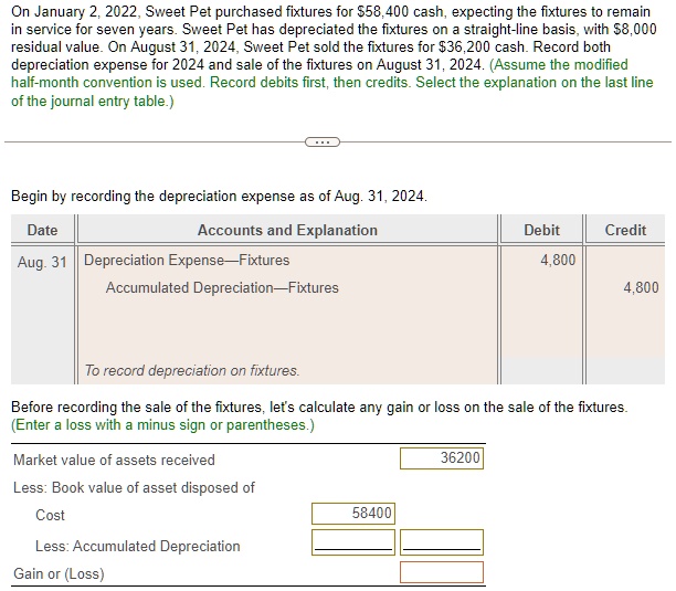 SOLVED On January 2,2022, Sweet Pet purchased fixtures for 58,400 cash