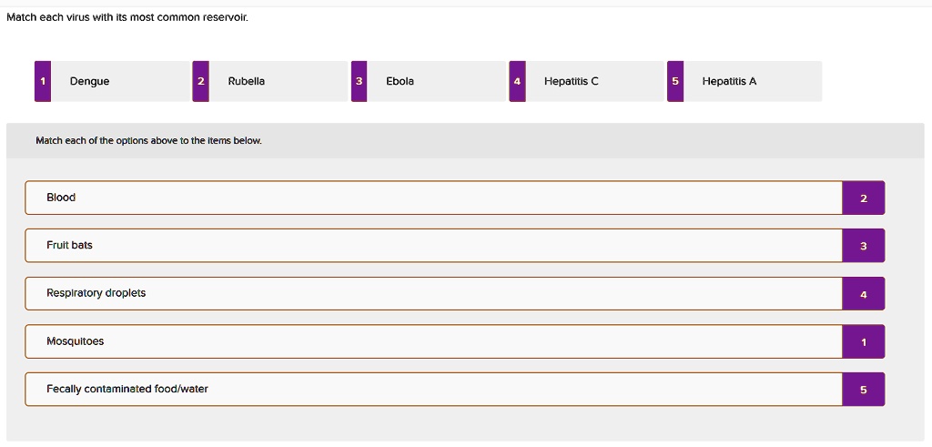 Match each virus with its most common reservoir.
1 Dengue
2 Rubella
3 Ebola
4 Hepatitis C
5 Hepatitis A
Match each of the options above to the items below.
Blood
Fruit bats
Respiratory droplets
Mosquitoes
Fecally contaminated food/water
2
3
4
1
5
