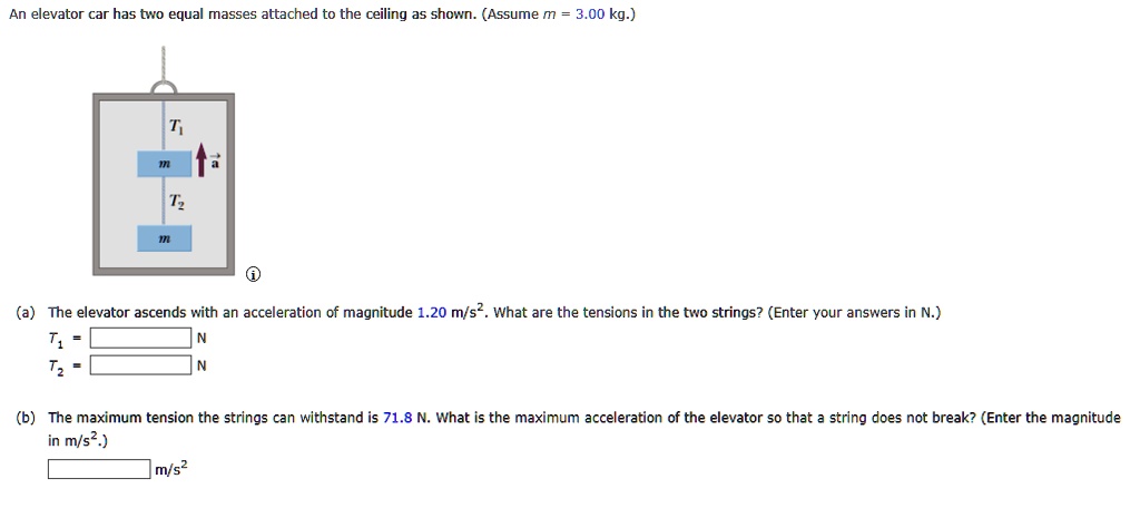 SOLVED: An elevator car has two equal masses attached to the ceiling as ...