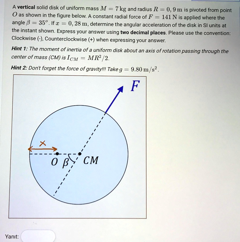 Unit Disk In Math A vertical solid disk of uniform mass M=7kg and radius R=0.9m is ...
