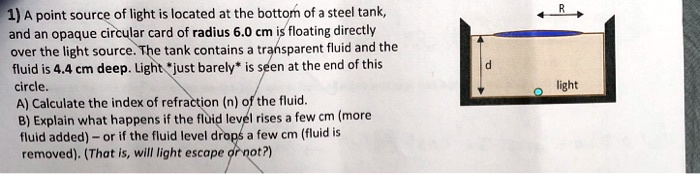 1) A point source of light is located at the bottom of a steel tank ...