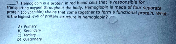 7. Hemoglobin is a protein in red blood cells that is responsible for
transporting oxygen throughout the body. Hemoglobin is made of four separate
protein (polypeptide) chains that come together to form a functional protein. What
is the highest level of protein structure in hemoglobin?
A) Primary
B) Secondary
C) Tertiary
D) Quaternary