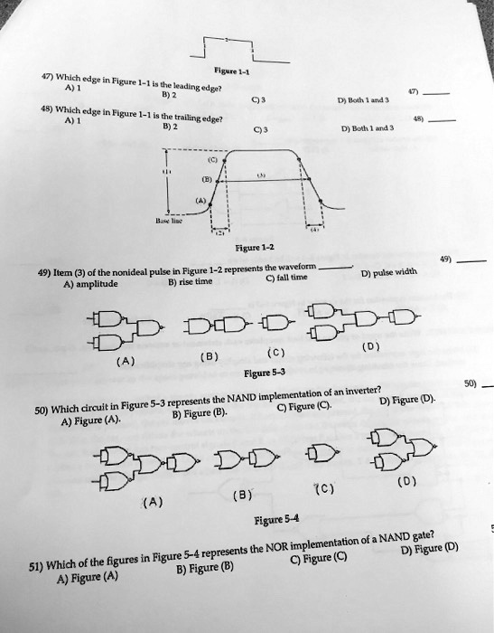 Figure 1-1
47) Which edge in Figure 1-1 is the leading edge?
A) 1
B) 2
C) 3
D) Both 1 and 3
48) Which edge in Figure 1-1 is the trailing edge?
A) 1
B) 2
C) 3
D) Both 1 and 3
Figure 1-2
49) Item (3) of the nonideal pulse in Figure 1-2 represents the waveform
A) amplitude
B) rise time
C) fall time
D) pulse width
Figure 5-3
50) Which circuit in Figure 5-3 represents the NAND implementation of an inverter?
A) Figure (A).
B) Figure (B).
C) Figure (C).
D) Figure (D).
Figure 5-4
51) Which of the figures in Figure 5-4 represents the NOR implementation of a NAND gate?
A) Figure (A)
B) Figure (B)
C) Figure (C)
D) Figure (D)
