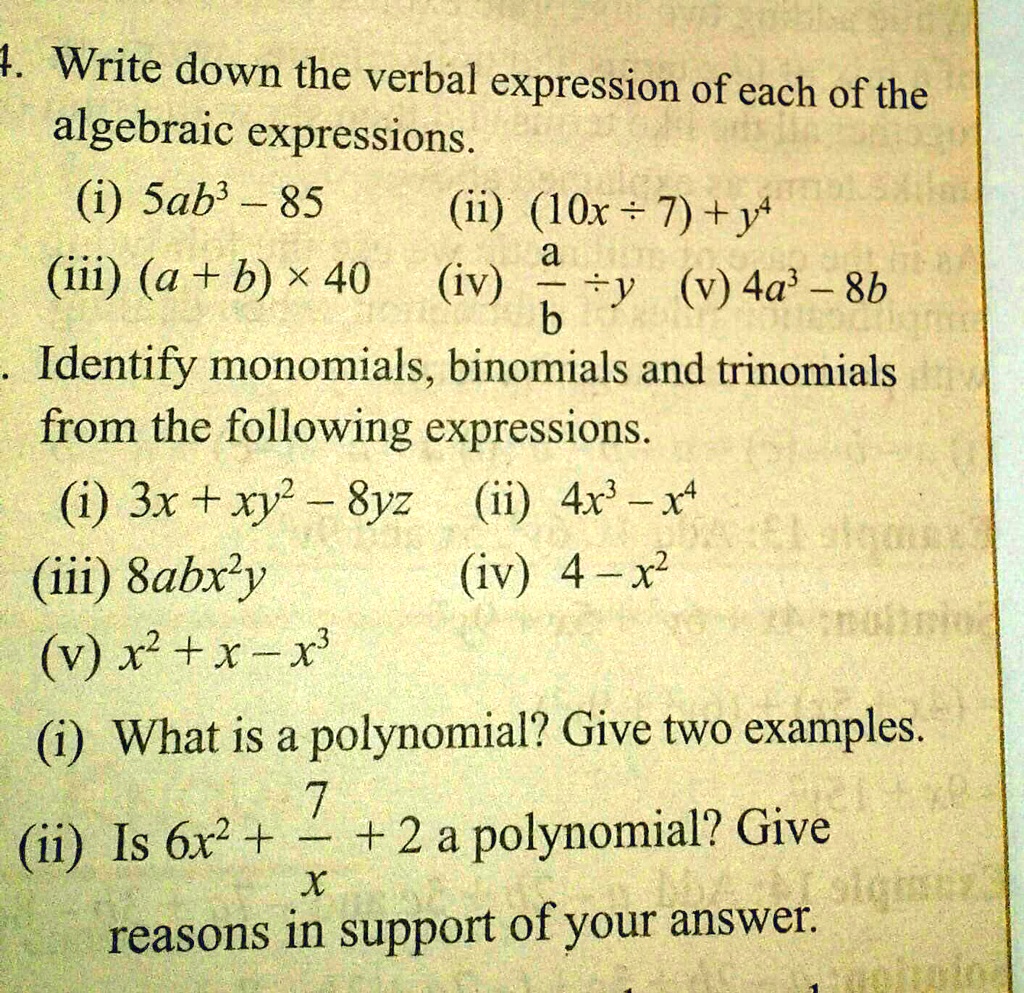 4. Write down the verbal expression of each of the algebraic..., image size:1024x993