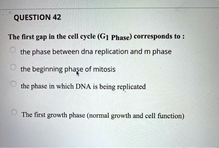 SOLVED: QUESTION 42 The first gap in the cell cycle (G1 Phase ...