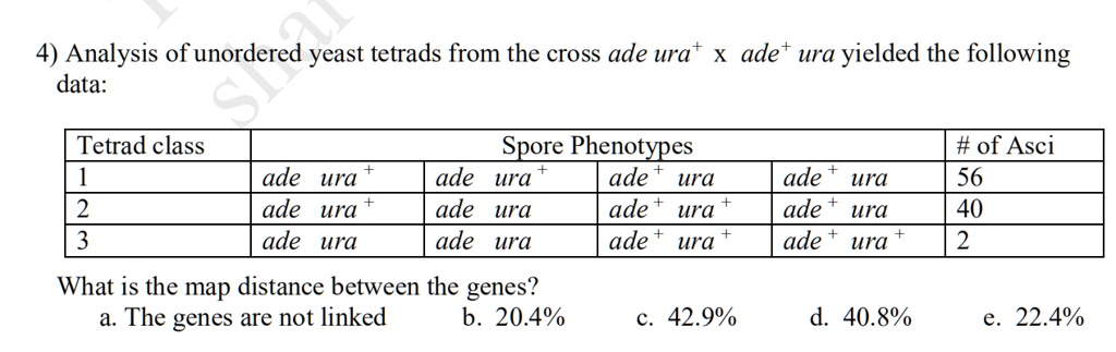 4) Analysis of unordered yeast tetrads from the cross ade ura? x ade? ura yielded the following data:

Tetrad class Spore Phenotypes # of Asci
1 ade ura? ade ura? ade? ura ade? ura 56
2 ade ura? ade ura ade? ura? ade? ura 40
3 ade ura ade ura ade? ura? ade? ura? 2

What is the map distance between the genes?
a. The genes are not linked b. 20.4% c. 42.9% d. 40.8% e. 22.4%