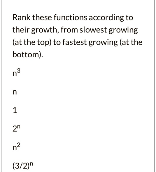 SOLVED: Rank these functions according to their growth, from slowest ...