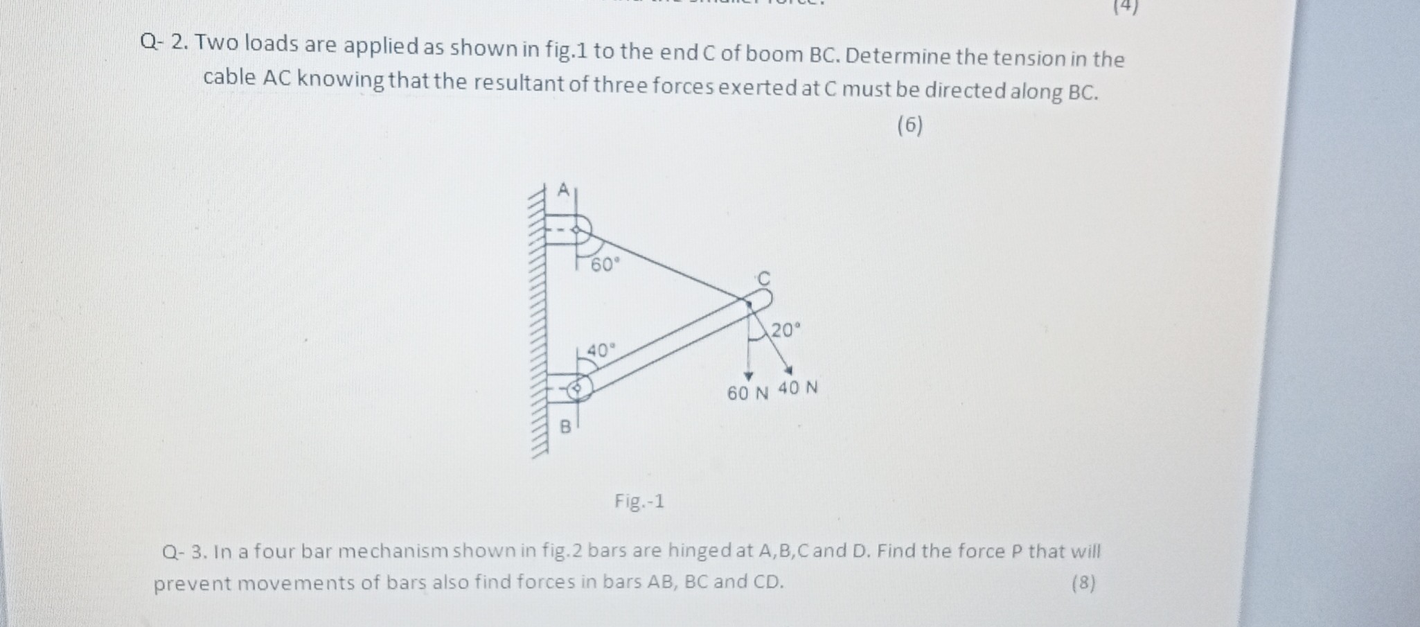Q 2 two loads are applied as shown in fig 1 to the end c of boom bc