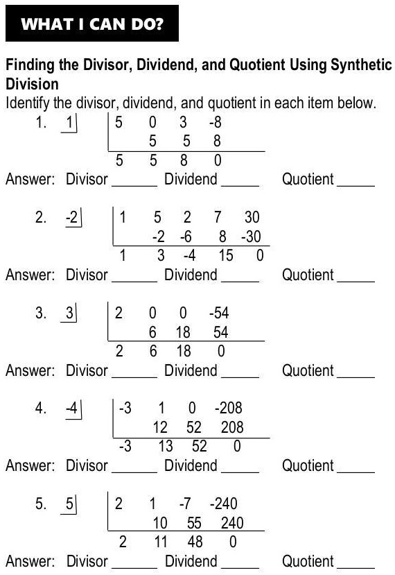 Finding The Divisor Dividend And Quotient Using Synthetic Divisionhelp ...