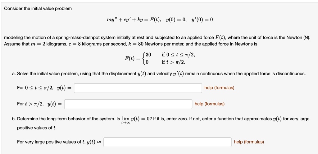 consider the initial value problem mycykyfty00y00 modeling the motion of a spring mass dashpot system initially at rest and subjected to an applied force ft where the unit of force is the ne 99438