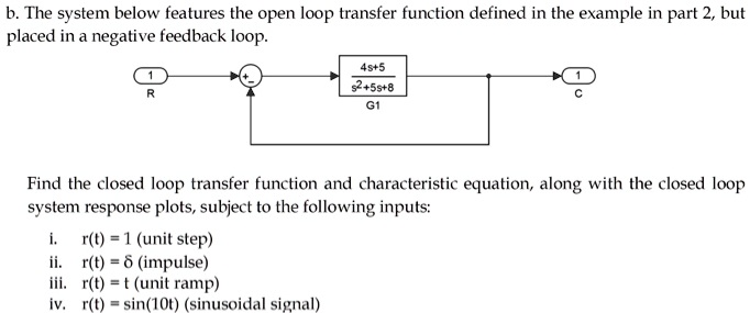 Solved B The System Below Features The Open Loop Transfer Function Defined In The Example In Part 2 But Placed In A Negative Feedback Loop 4575 52 55 8 Find The Closed Loop