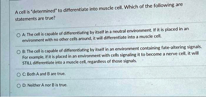 A cell is "determined" to differentiate into muscle cell. Which of the following are
statements are true?
A: The cell is capable of differentiating by itself in a neutral environment. If it is placed in an
environment with no other cells around, it will differentiate into a muscle cell.
B: The cell is capable of differentiating by itself in an environment containing fate-altering signals.
For example, if it is placed in an environment with cells signaling it to become a nerve cell, it will
STILL differentiate into a muscle cell, regardless of those signals.
C: Both A and B are true.
D: Neither A nor B is true.