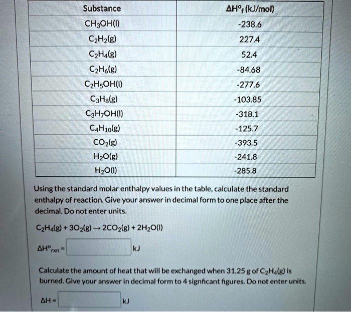 SOLVED Substance CH3OH l C2H6 g C2H4 g C2H2 g C2H5OH l C3H8