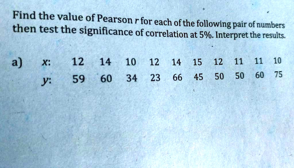 SOLVED Find the value of Pearson r for each of the pairs of numbers