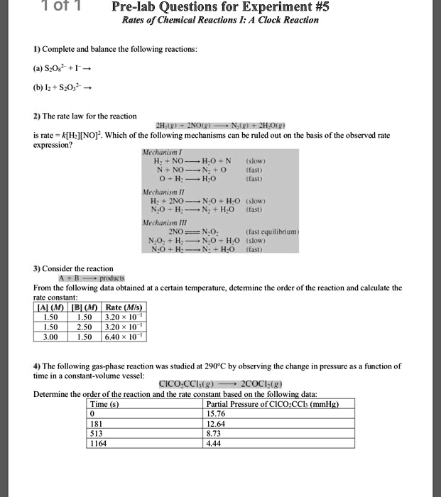 SOLVED: Pre-lab Questions for Experiment #5: Rates of Chemical ...