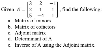 SOLVED: Given A = 3| find the following: Matrix of minors Matrix of ...