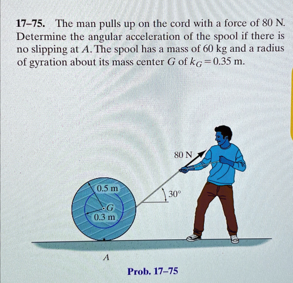 answer 0476 rads2 please include free body diagram kinetic diagram and explain each step 17 75 the man pulls up on the cord with a force of 80 n determine the angular acceleration of the spo 28941