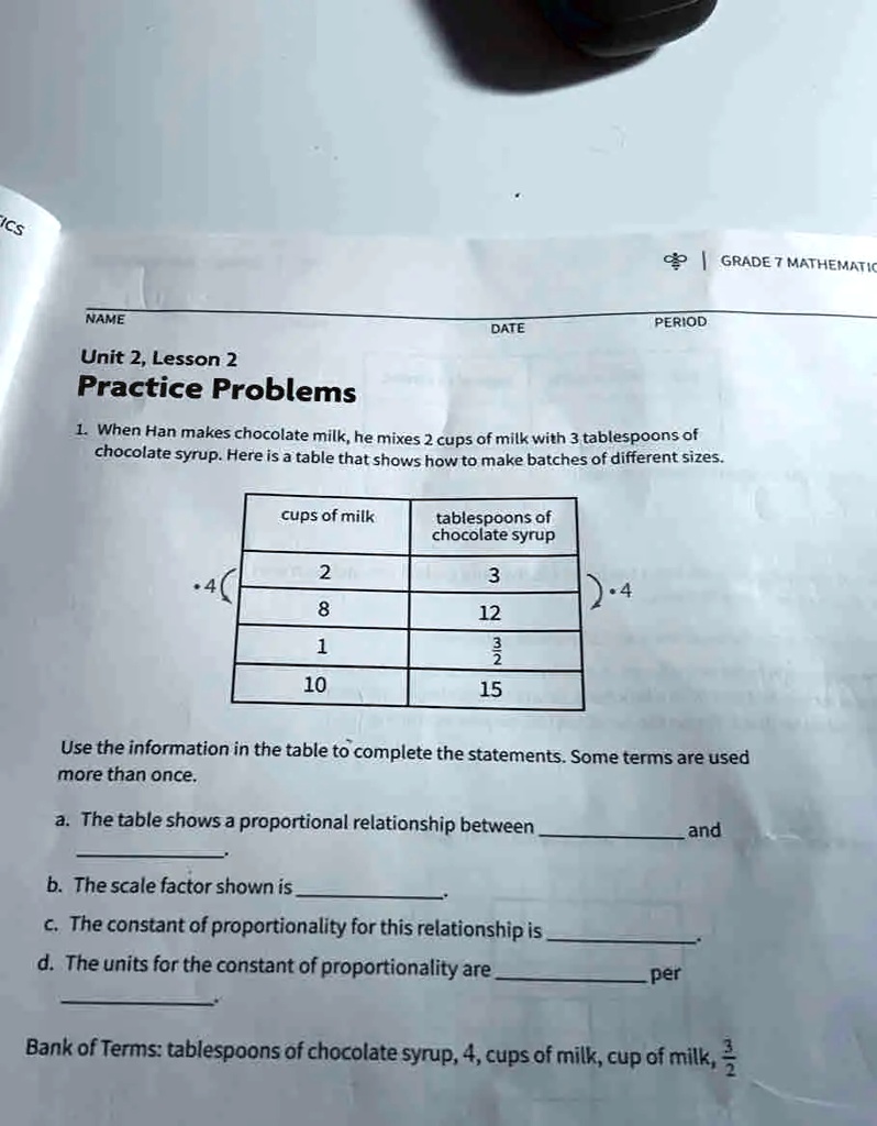 SOLVED: GRADE 7 MATHEMATICS NAME PERIOD DATE Unit 2, Lesson 2 Practice ...