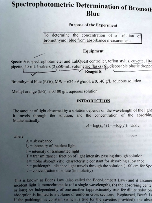 SOLVED Spectrophotometric Determination of BromotE Blue Purpose of the
