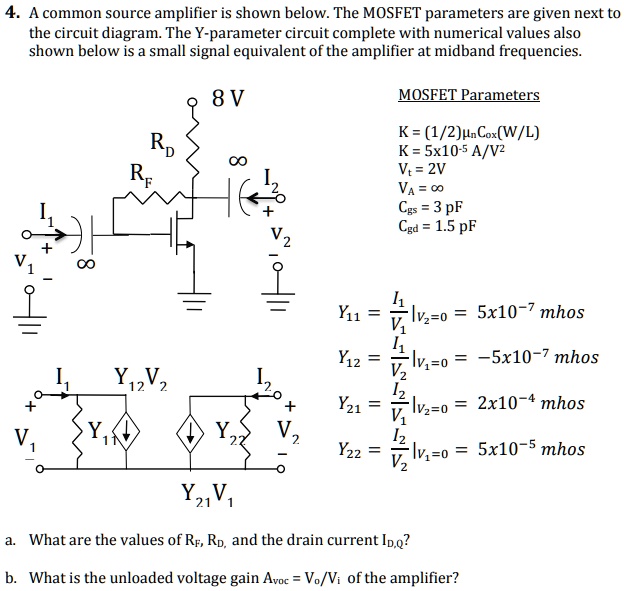 A common source amplifier is shown below. The MOSFET parameters are ...