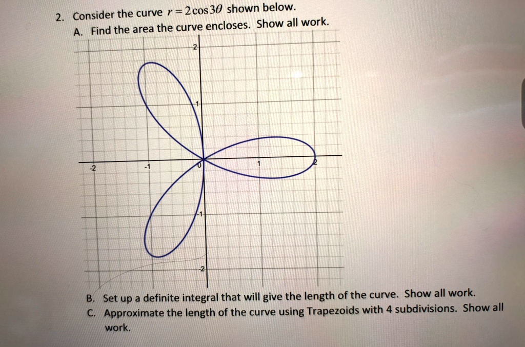 2. Consider the curve r = 2 cos 3θ shown below.
A. Find the area the curve encloses. Show all work.
B. Set up a definite integral that will give the length of the curve. Show all work.
C. Approximate the length of the curve using Trapezoids with 4 subdivisions. Show all
work.