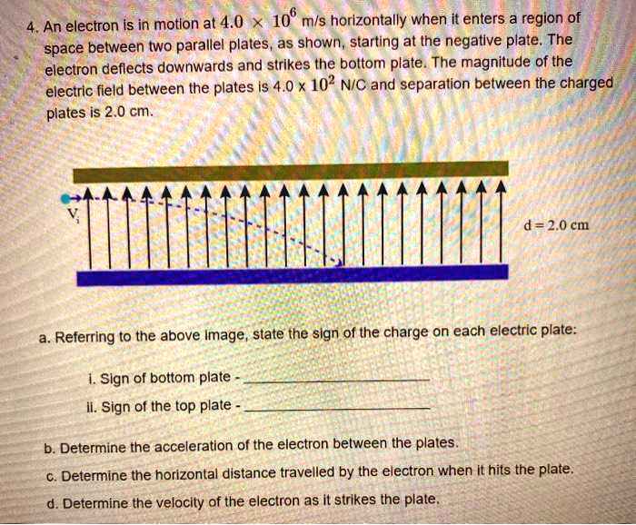 4. An electron is in motion at 4.0    times; 10^6 m/s horizontally when it enters a region of space between two parallel plates, as shown, starting at the negative plate. The electron deflects downwards and strikes the bottom plate. The magnitude of the electric field between the plates is 4.0    times; 10^2 N/C and separation between the charged plates is 2.0 cm.

d = 2.0 cm

a. Referring to the above image, state the sign of the charge on each electric plate:
i. Sign of bottom plate -
ii. Sign of the top plate -

b. Determine the acceleration of the electron between the plates.
c. Determine the horizontal distance travelled by the electron when it hits the plate.
d. Determine the velocity of the electron as it strikes the plate.